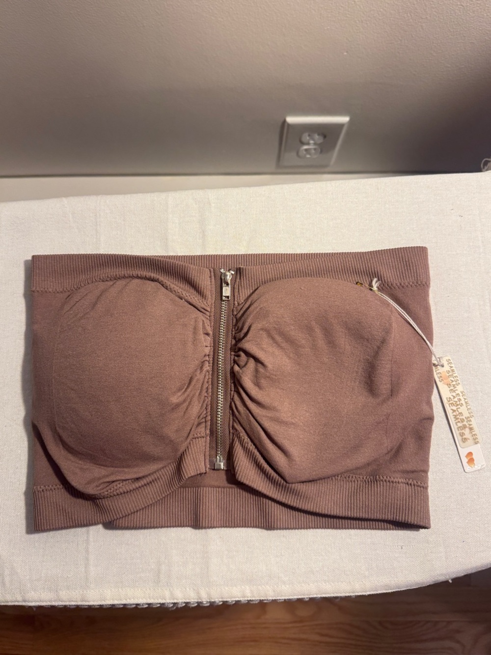 Zip-Front Strapless Bandeau in Neutral Brown NWT